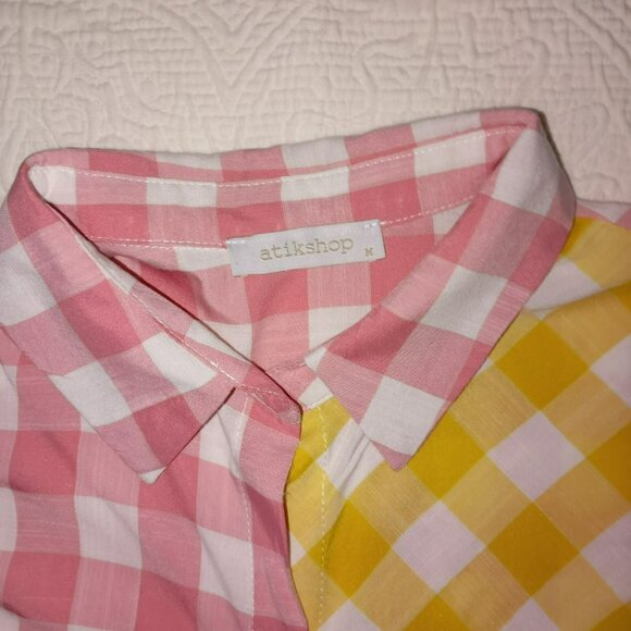 Atikshop Button-Up Shirt Pink & Yellow Gingham Colorblock Front Pocket Womens - Picture 3 of 13